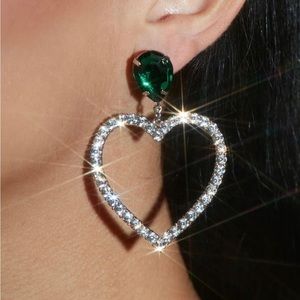 Green Rhinestone Heart Drop Earrings